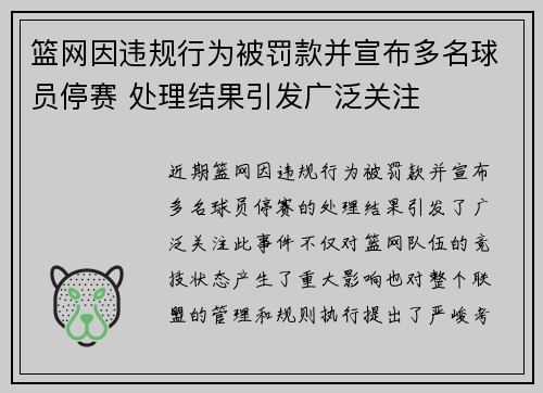 篮网因违规行为被罚款并宣布多名球员停赛 处理结果引发广泛关注