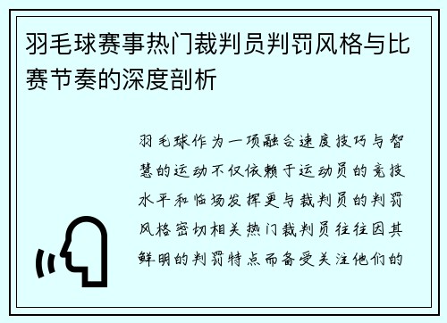 羽毛球赛事热门裁判员判罚风格与比赛节奏的深度剖析